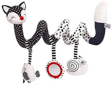 Kinderwagen Plüschtiere, Krippe Rassel Spielzeug, Schwarz-Weiß-Tiere Babyspielzeug, Stretch & Spiral Aktivitätsspielzeug für Neugeborene, Autositz Spielzeug für 3 6 9 12 Monate Mädchen und Jungen