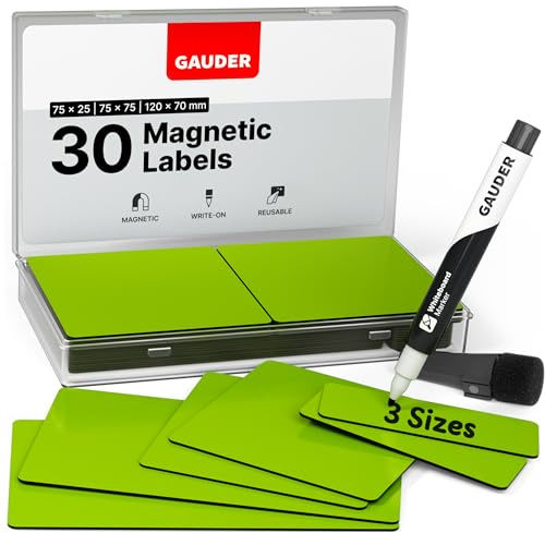 GAUDER Magnetetiketten beschreibbar - Wiederverwendbare Magnetschilder zum Beschriften für Whiteboard, Tafel, Kanban-Board und Kühlschrank - Magnetkarten mit Marker (30 Stück - 3 Größen)