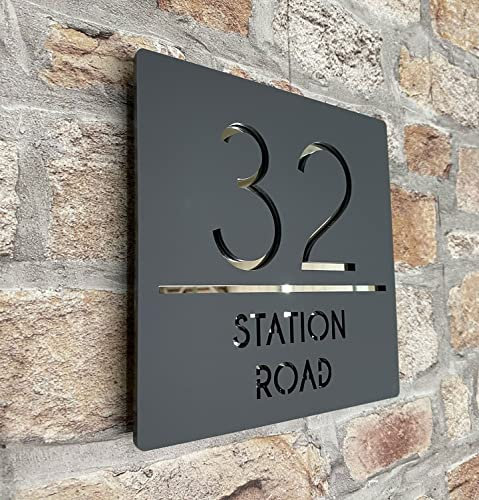 One of a Kind Design UK Personalised Contemporary SquareHouse Sign, Personalised Address Number Plate, acrylic,180x180mm, Seven Coloured Backing Available, UV Stable, Black