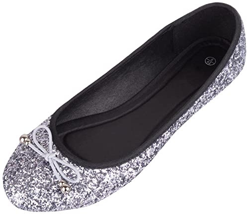 Womens Slip On Casual Party Glittery Ballerina Style Pumps Dolly Shoes - Pewter - UK 4 / EU 37