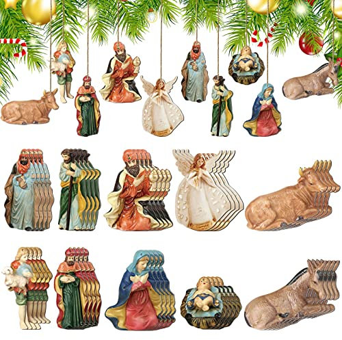 40 Stück Weihnachtskrippe Vintage Ornament Religiöse Weihnachtsbaum Ornamente Jesus Holz hängende Dekoration für Weihnachtsbaum Bauernhaus Urlaub religiöse Dekorationen Geschenke (Slicing Style)