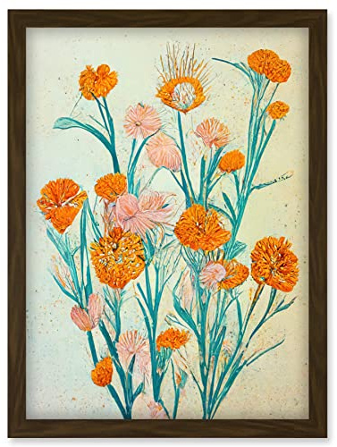 Boho Marigold Flowers Teal Orange Painting Artwork Framed Wall Art Print A4
