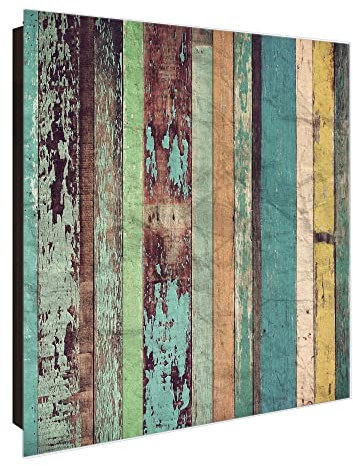 banjado® Großer Schlüsselkasten Glas/Schlüsselbox 30cm x 30cm mit 50 Haken - Motiv Bunte Bretterwand/Schlüsselkasten modern für Schlüsselaufbewahrung mit beschreibbarer, magnetischer Glastür