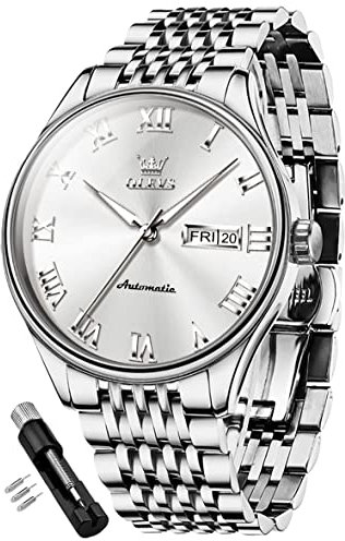 OLEVS Automatische Herren-Armbanduhr, selbstaufziehend, mechanisch, Business-Luxus-Armbanduhr, Edelstahl, wasserdicht, leuchtend, 9929: Silbernes Armband und weißes Zifferblatt, Automatische Uhr
