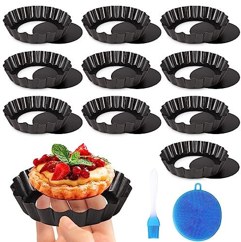 Frasheng 10 Piezas Moldes para Quiche Moldes, Molde Quiche Desmontable Base, 4 pulgadas / 10 cm, Antiadherentes Molde para Tartaletas, Redondo Molde para Quiche Tarta, para Pasteles, Pizza, Negro