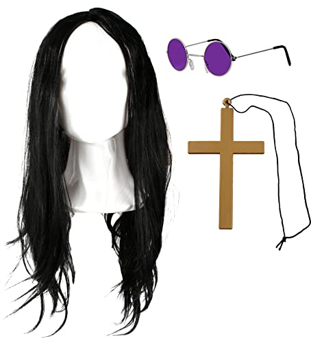 Prince of Darkness Zubehör-Set – Lange schwarze Perücke, runde lila Brille und ein goldenes Kreuz – 3-teiliges Erwachsenenkostüm-Zubehör-Set für Erwachsene im 70er/80er-Jahre-Stil
