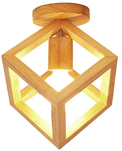 iDEGU Retro Deckenleuchte im Geometrischen Design Moderne Deckenlampe mit Würfel Lampenschirm aus Holz Vintage Lampe E27 Deckenleuchte für Schlafzimmer Wohnzimmer Flur Küche Café Restaurant, 16 cm