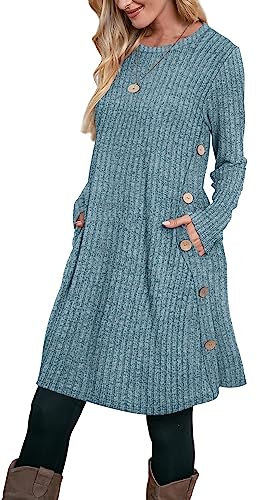 Aokosor Women's Long Sleeve Tunic Dress with Pockets and Side Buttons - Size 14-16, Blue
