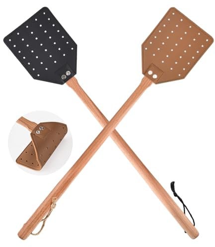 2 matamoscas de piel con mango de madera, duradero y resistente, atrapa insectos para interiores y exteriores, diseño de madera, para control de plagas, manual para arañas, abejas, mosquitos