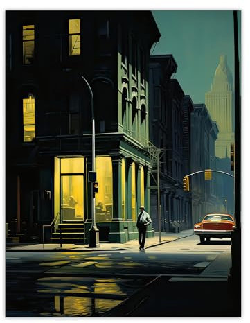 Artery8 New York at Dawn Edward Hopper Style Oil Painting Yellow Green Blue Man Walking in Empty City Street Extra Large XL Wall Art Poster Print