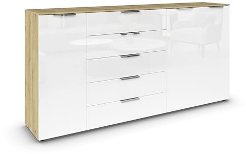 Rauch Möbel Flipp, Kombikommode, Kommode mit Stauraum für Wohnzimmer, Schlafzimmer, Flur, 4 Fachböden, Eiche Artisan/Glasfront Weiß, Holz, 3-türig, Glastüren, 5 Schubladen, Griffe chrom, 199x100x42cm