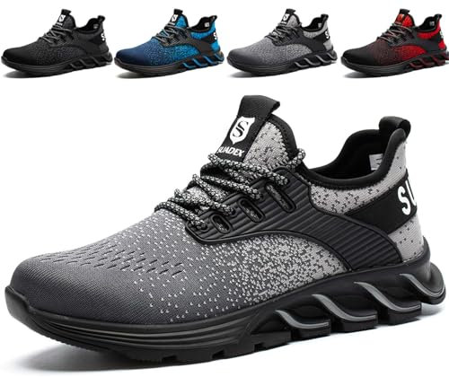 SUADEX Sicherheitsschuhe Arbeitsschuhe Herren Damen Leicht Arbeitsschutzschuhe Stahlkappenschuhe Atmungsaktiv mit Stahlkappe Grau 43 EU