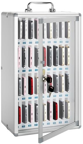Casier de Stockage de téléphone Portable, Armoire de Rangement pour téléphone Portable d'aluminium, Boîte à clé Telephone avec poignée pour Salle de Classe, Bureau, Examen (Argent, 36 emplacements)