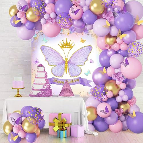 Luftballon Girlande Lila und Rosa Geburtstagsdeko Mädchen und Frauen, Schmetterlings Geburtstagsparty Dekorationen mit Lila und Rosa Ballons, Schmetterlings Hintergrund und Schmetterlings Aufkleber