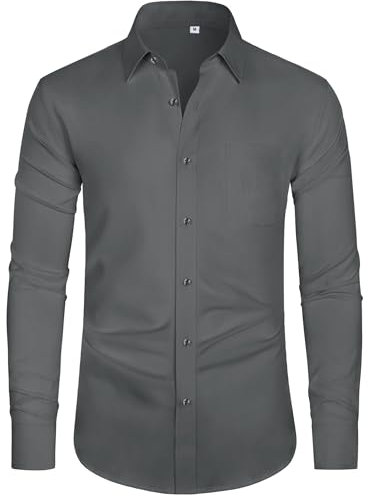 J.VER Men's Long Sleeve Shirts 4-Way Stretch Wrinkle Free Formal Dress Shirt Business Casual Wedding Work Button Down Shirts with Pocket Grey L