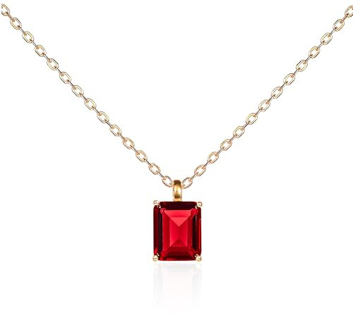 namana Kette mit Rubinrote Anhänger für Damen mit einem rechteckigen Solitärstein, zierliche Halsketten für Frauen aus 925er Sterling Silber, Goldkette mit roten Stein im Smaragdschliff