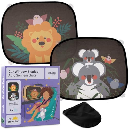Protector Solar para Coche con Protección UV : 2X Parasol Infantil para Coche – Motivos de Animales Adorables y Ventosas – 44x36cm Protección Solar Coche Bebé – Parasol Ventana Coche Niños – Inovida