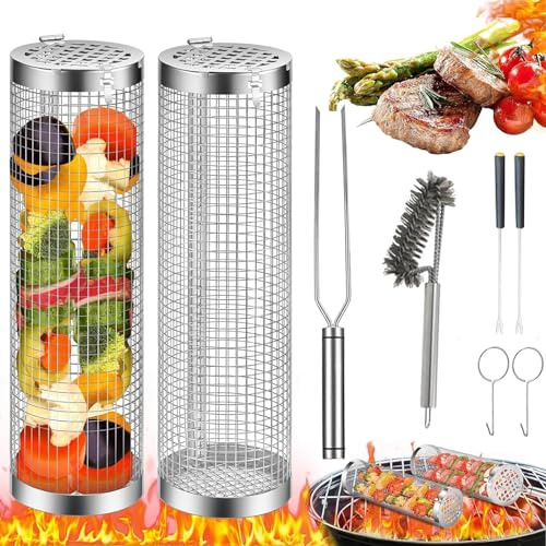 Grillkorb Gemüse 2 Stück Mit Langstielige Gabel - Zylindrischer Edelstahl Grill Basket - Gemüsekorb Mit Reinigungsbürste und Gabel - BBQ Außengrill für Gemüse, Fleisch