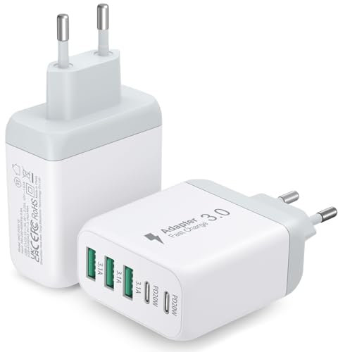 Caricatore USB C 2 pack, Caricabatterie USB C 55W 5-porte con 2 USB A e 3 USB C PD3.0, Presa Multipla USB per iPhone 12/13/14/15 Pro Max, Samsung Galaxy S24, S23 S22 S21(Bianco)