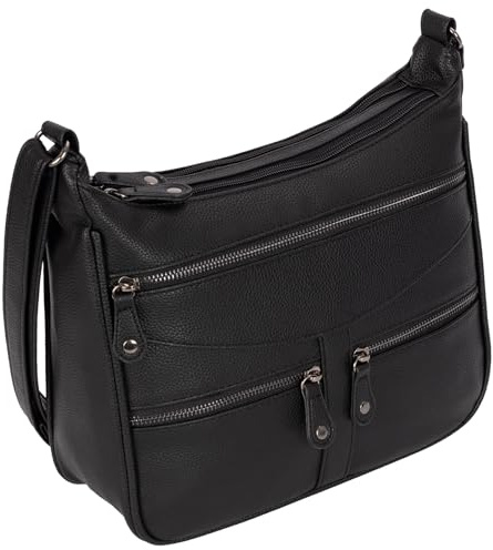EAAKIE Damen Tasche, Schultertasche, Handtasche, Umhängetasche mit Leder Optik und vielen Fächern (SCHWARZ)