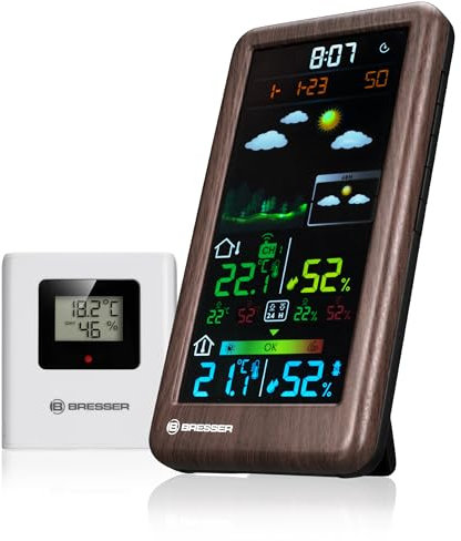 Bresser Wetterstation Funk mit Außensensor Neomeo V mit Farbdisplay, Holzoptik, 24/48h Wettervorhersage, Temperatur, Luftfeuchtigkeit, Komfortindikator