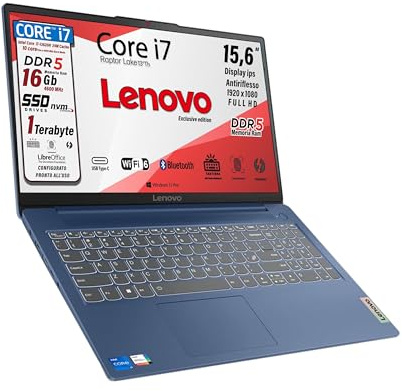 Lenovo, pc portatile Notebook, i7 13620H 13th, DDR5 16Gb, Display IPS FHD 15,6, SSD 1Tb, Wi-Fi, Bt, USB Thunderbolt 4.0, Tastiera retroilluminata, fingeprint, Win11 Pro, Abyss Blue, Pronto all'Uso