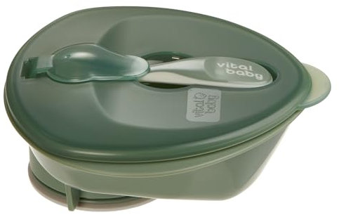 Vital Baby Nourish Power Suction Weaning Bowl with Lid and Spoon 6m+, Green, Strong Suction, Easy Scoop Sides, Leakproof Lid & Spoon, EarthSmart Biodegradable, BPA-Free