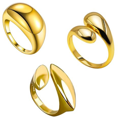 3 Stück Damen Ringe Gold, Ringe Gold Verstellbar, Ringe Gold Wasserfest, Chunky Rings, Fingerring Einfacher Bandring Stapelbare Offene Golden Ringe,Ring Set Gold,Glatter Träne Wassertropfen Ringe Gold
