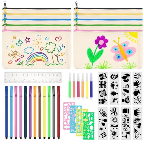 Vyuwast 10 Stück DIY Blanko Mäppchen Taschen zum Bemalen für Kinder Stoffbeutel Klein Kosmetiktasche Federmäppchen Taschen zum Bemalen für DIY Kreative Bastel im Klassenzimmer