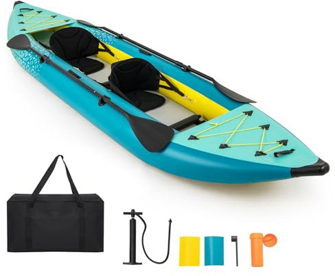 GYMAX Inflatable Kayak Set, 2-Person Inflatable Boat with Aluminum Oars, EVA Padded Seat, Fins, Hand Pump, Repair Kit and Carry Bag, Blow Up Canoe for Lakes, Rivers & Sea Shores (Teal Blue)
