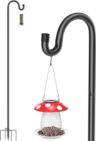 QIZENME Bird Feeder Pole, 234cm Shepherds Hooks Heavy Duty 5 Prongs Base, Garden Bird Feeders Hanging Station Metal Adjustable, Hanger Crooks Stand for Lights Lantern Wedding Decoration, Black