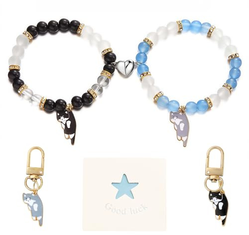 2 Pcs Magnet BFF-Armbänder Pärchen,Herzförmige Magnetische Matching Bracelets Katze Freundschaftsarmbänder Partnerarmbänder Mit Grußkarte Schlüsselanhänger für Freund Freundin Liebhaber Beste Freundin