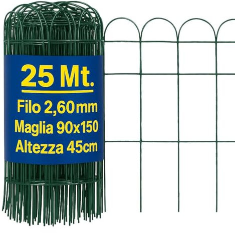 Rete Ornamentale Verde Altezza 45cm, Rotolo da 25mt. Decorativa per Giardino, Aiuole, Orto, Piccoli Animali. Recinzione Metallica Zincata e Plastificata con filo intecciato.