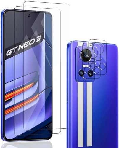 Zerrshoo Protector Pantalla para Realme GT Neo 3, Cristal Vidrio Templado 2 Piezas con Protector Lente Cámara 2 Piezas, Dureza 9H Anti-Arañazos, Amigable para Funda, HD Clara Película Protectora