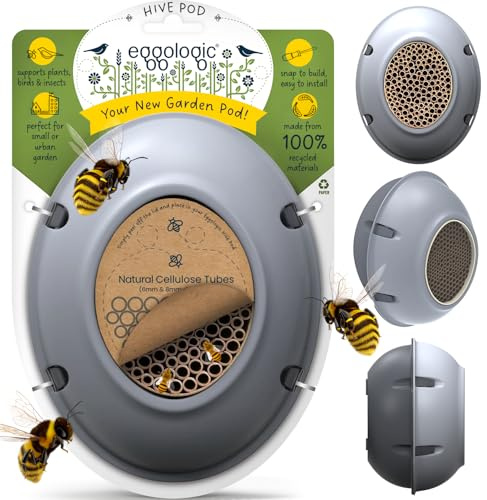 eggologic Hive Pod Bee Hotel, Modern Insect House for Gardens – Solitary Bee House with Natural Nesting Tubes, Wall-Mounted Bug Box for Pollinators, for Gardeners - Stone Gray