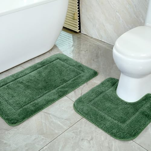 SOANNY Bath Mat Set of 2, Non-Slip Microfiber Machine Washable, Dark Green | 53x86 cm & 50x50 cm, Water Absorbent, High Density Soft Plush Microfiber, Bathroom Bathtub Rug & Toilet Pedestal Carpet
