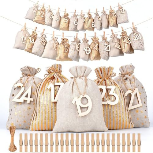 Nordkai Adventskalender zum Befüllen – 24 Stoffbeutel mit Zahlen & Kordel – DIY Weihnachtskalender Set mit Zubehör – Weihnachtsdeko für Familien (Goldstern & Streifen & Natur)