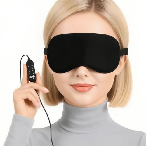Luxury USB Heated Eye Mask for Sleeping - 4-Temperature Electric Warming Silk Sleep Mask, Smart Timer, Machine Washable & Travel-Friendly for Relaxation (Black)