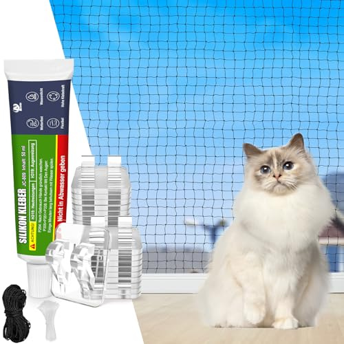 Aystkniet Katzennetz für Balkon Ohne Bohren inlk. Klebehaken & Silikonkleber, 4×2M Katzennetz Drahtverstärkt UV-beständig & Wetterfest Katzenschutznetz Balkon, Fenster & Terrasse