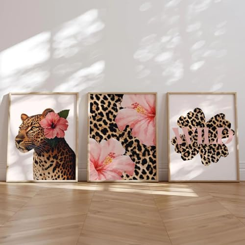 Xiyocadt 3er Poster Set, Y2K Leopard Hibiskusblume Rosa Gepard Leinwanddruck Poster Vintage Hawaiian Aloha Tierkunstdrucke Heimdekoration,für Wohnzimmer Schlafzimmer Deko, Ohne Rahmen (40x50cm)