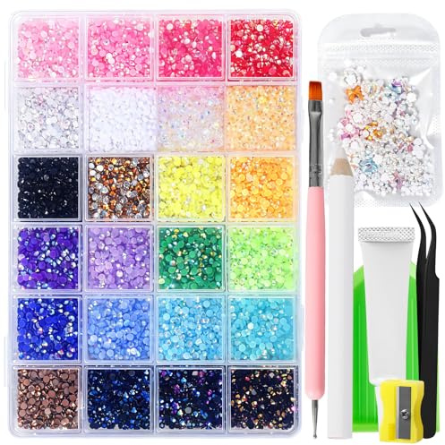 30000Pcs Bedazzling Kit with Glue, 3MM Flatback Rhinestones for Bedazzling with 1 Pack 3D Butterfly Nail Diamonds, Pearls Jewels, Tweezer and Pen, Pencil Sharpener for DIY Crafts