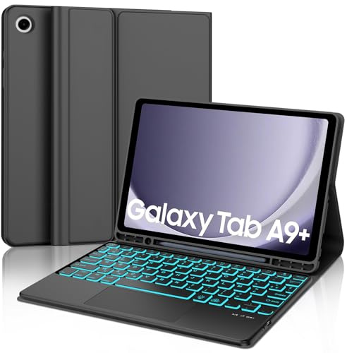Coque Clavier avec Trackpad pour Samsung Galaxy Tab A9+/A9 Plus 11 2023 | AZERTY Français, Clavier Bluetooth, Rétroéclairé 7 Couleurs, Magnétique, Détachable, Noir