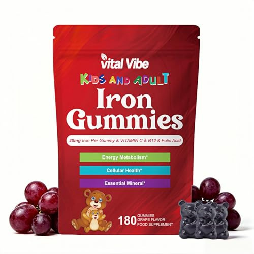 Iron Gummies for Women, Iron Gummy with Folate Energy & Immune Support | Iron Supplement Gummies, 65mg Iron for Women Men Kids, Natural Vegan Gummy with Folate Gentle on Stomach, 180 Count
