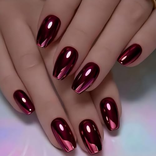 Wine Red Electroplated Press on Nails Medium Square Fake Nails Designs Cherry Red Chrome False Nails Metallic Mirror Full Cover for Women Girls Summer Daily Wearable Manicure Decoration 24Pcs