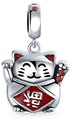 Bling Jewelry Pendentif Chat Porte-Bonheur Maneki Neko Japonais En Émail Rouge En Argent Sterling .925 Pour Femme Compatible Avec Bracelet Européen
