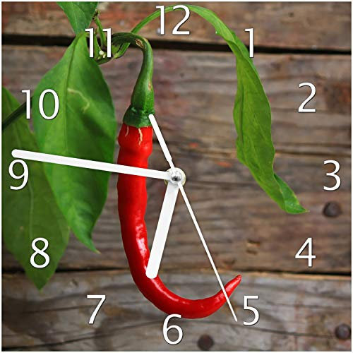 Wallario Design-Wanduhr Hängende Chili-Schote aus Glas, Motiv-Uhr Größe 20 x 20 cm, weiße Zeiger