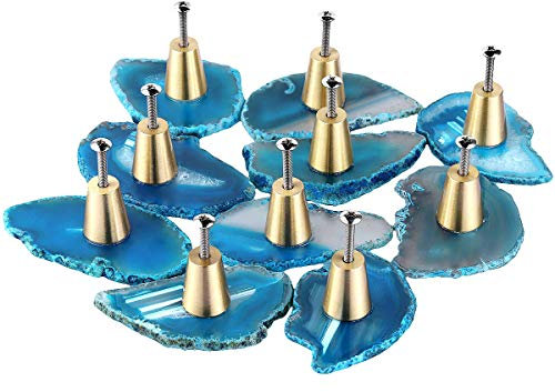 mookaitedecor 6 Stück Blau Achat Scheiben Schrankknöpfe Natur Achat Knauf Edelstein Griffe Stein Achatknöpfe für Schrank Schublade Garderobe