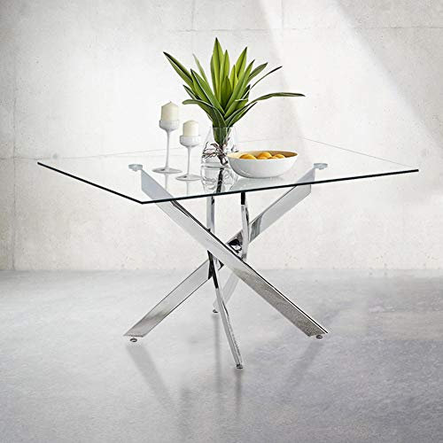 GOLDFAN Table à Manger en Verre Moderne de Cuisine avec Pieds en Métal 110 cm, Argenté