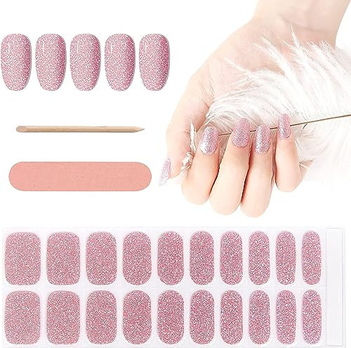 Kalolary 20PCS Gel Nagellack Aufkleber, Nagelsticker Full Wraps Nagelaufkleber UV/LED Lampe Erforderlich Cured Gel Nail Strips mit Nagelfeile und Stick für Frauen Mädchen (Glitzer Rosen rot)