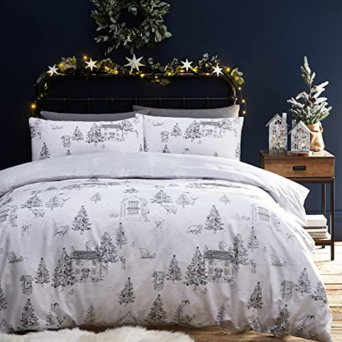 furn. Midwinter Toile Duvet Cover Set - Polycotton Fabric, Picturesque Snow Cottages & Woodland Animals Festive Bedding (White – King)